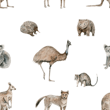 Emu and kangaroo seamless pattern with dingo and possum. Koala and wombat watercolor illustration. Australian native animals background. Hand drawn wildlife for surface design, wallpaper, textile. png