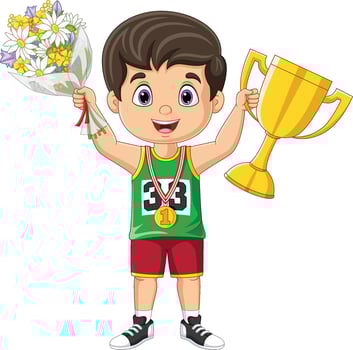 Cartoon little boy holding gold trophy and bouquet of flowers vector