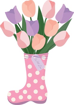 cute pastel Tulips flowers bouquet in boot hand drawn clipart element illustration for invitation greeting birthday party celebration wedding card poster banner wallpaper background vector