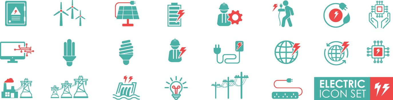 Simple Set of Electric icons. Solid icon simple style. It contains illustrations of the generation of electricity, windmills, Solar cells, energy, electricity, dam, and electric poles. vector