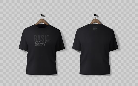 Basic black male t-shirt realistic mockup. Front and back view. Blank textile print template for fashion clothing. vector