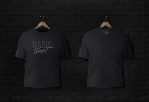 Basic black male t-shirt realistic mockup. Front and back view. Blank textile print template for fashion clothing. vector