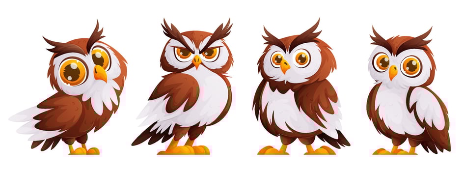 Set of Cute cartoon owl. The owl is brown in color with white feathers. Wild forest birds. Flying creatures. vector