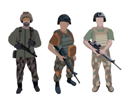 Military men. Set of men in military uniform. Set of soldiers with weapons. vector