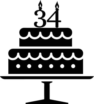 A black-and-white image of a cake with the number 34 on it. vector