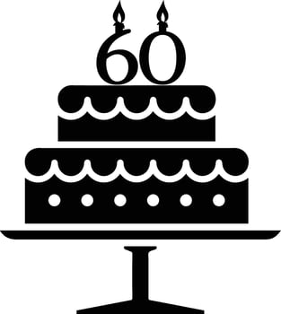 A black-and-white image of a cake with the number 60 on it. vector