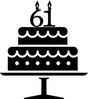 A black-and-white image of a cake with the number 61 on it. vector