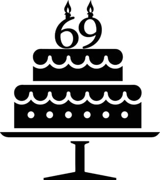 A black-and-white image of a cake with the number 69 on it. vector