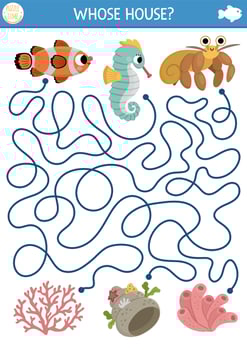 Under the sea maze for kids with clown fish, seahorse, hermit crab and their houses. Ocean preschool printable activity with corals, sea anemone, shell. Water labyrinth game or puzzle vector