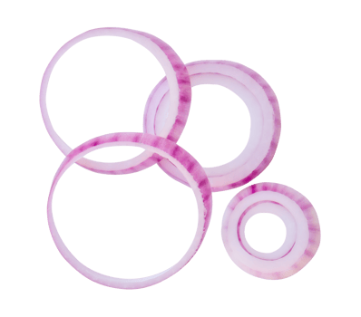 Top view set of red onion slices or onion rings in stack isolated with clipping path in file format png