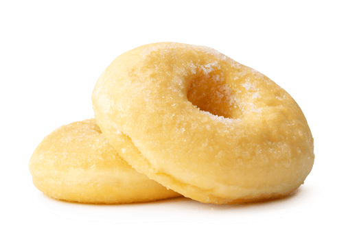 Side view of two sugar glazed cinnamon donuts in stack isolated with clipping path and shadow in file format png