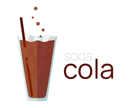Glass of cola with ice and straw. Soda Cola text. Transparent goblet with chilled soda and bubbles. Tasty, childish and sweet drink. Menu. isolated object. Vector illustration