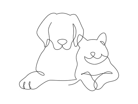 Continuous line drawing head of cat and dog sitting together. Single linear decorative logo, Pet shop or veterinarian design. illustration. vector