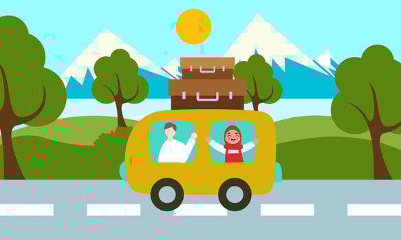 Muslim Family In Car Trip to Hometown during Eid Mubarak Celebration vector