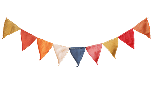 AI generated Party flag garland PNG. Colorful flag garland for birthday parties and other celebrations PNG. Colorful knitted party flags on a string PNG