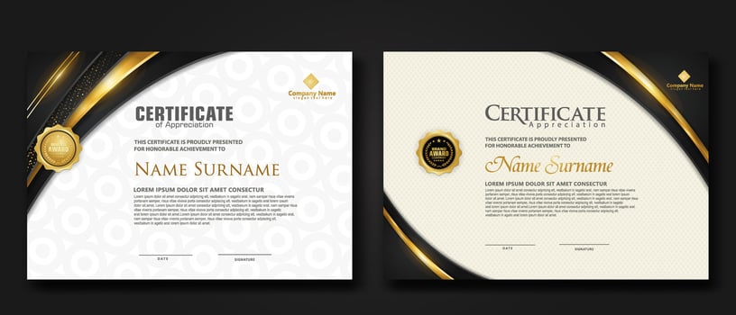 Luxury certificate template with glitter effect dan lines gold shine on frame background vector