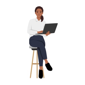 Woman happy smiling. While her using laptop sitting on chair. vector