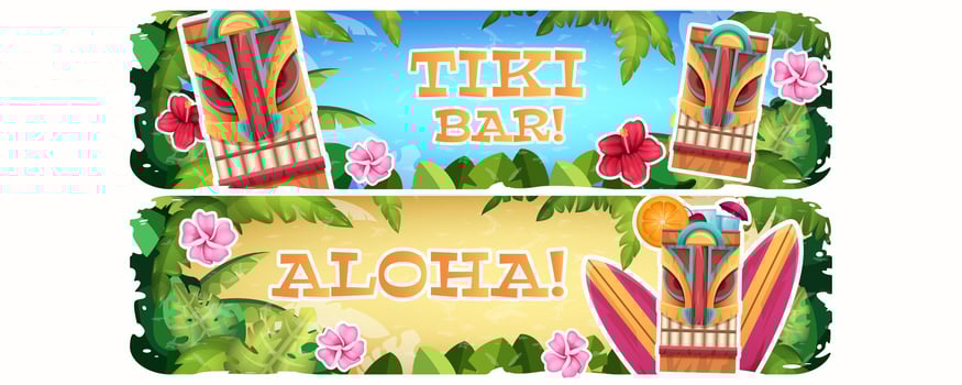 Banners with traditional wooden tribal mask, tropical hawaii exotic plants and flowers. Invitation posters for hawaiian aloha party with tiki bar on white background. Cartoon illustration. vector
