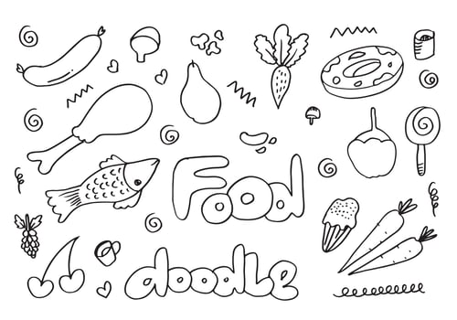 doodle food icons with lettering in . vector