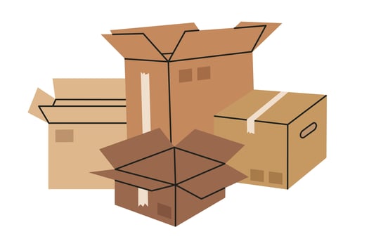 Cargo boxes. Hand drawn carton boxes, warehouse cardboard boxes stack. Open empty boxes flat illustration on white vector