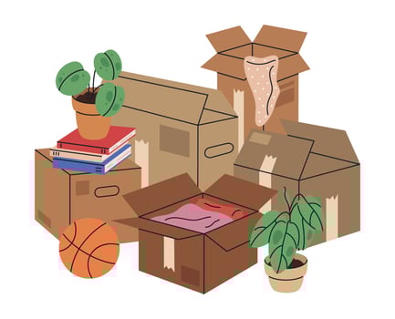 Cardboard moving boxes. Stacked cargo boxes with clothes, books and potted plants flat illustration. House moving stuff packages on white vector