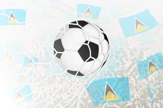 National Football team of Saint Lucia scored goal. Ball in goal net, while football supporters are waving the Saint Lucia flag in the background. vector