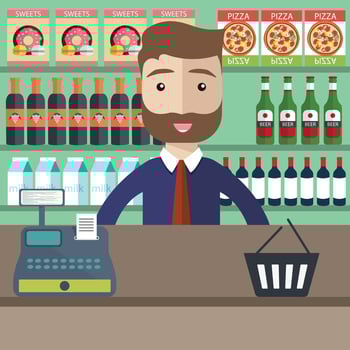Shopping concept. Supermarket store counter desk equipment and clerk in uniform. Flat illustration vector