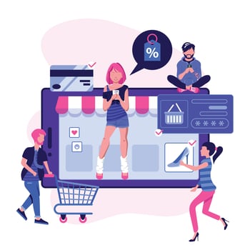 Online mobile shopping scene with men and women making purchases on internet. M commerce concept with people shopping on smartphone. E-commerce advertising illustration. Flat illustration vector