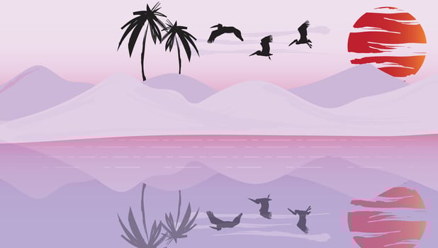 Birds on sky at the sunset time and mountains and water reflection beautiful landscape nature background illustration. vector