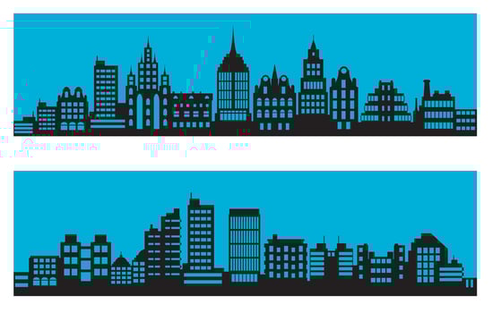 Landscape set of buildings silhouetted on white background. A black outline of low-rise and high-rise complexes and skyscrapers. Structural constructions placed urban objects vector