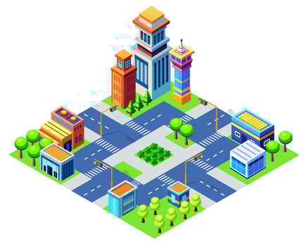 Isometric urban megalopolis top view of the city infrastructure town, street modern, real structure, architecture 3d illustration elements different buildings vector