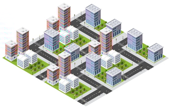 Isometric urban megalopolis top view of the city infrastructure town, street modern, real structure, architecture 3d illustration elements different buildings vector