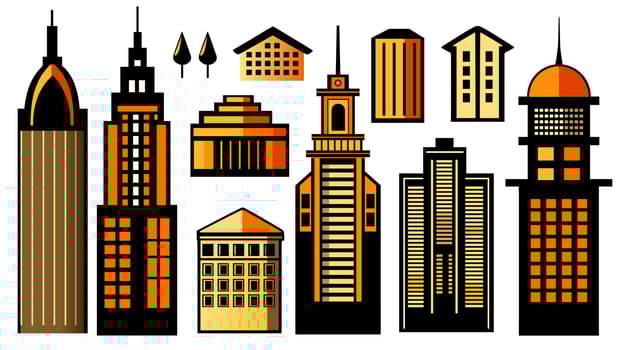 Landscape set of buildings silhouetted on white background. A black outline of low-rise and high-rise complexes and skyscrapers. Structural constructions placed urban objects vector