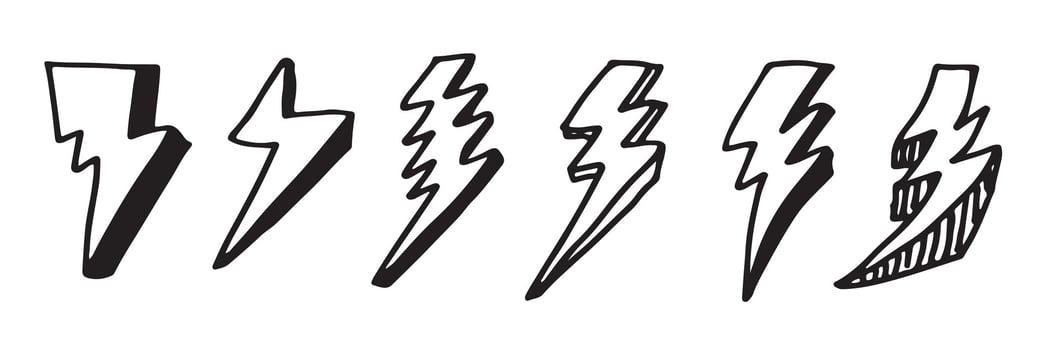 set of hand drawn doodle electric lightning bolt symbol sketch illustrations. thunder symbol doodle icon. vector