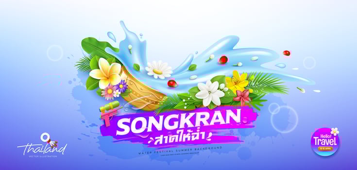 Songkran water festival thailand, colorful flowers in a water bowl water splashing, tropical flower green leaf Characters translation Splash it to make it juicy vector