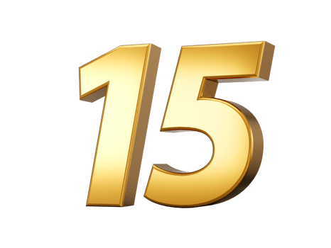 Golden metallic Number 15 Fifteen, 3d illustration png