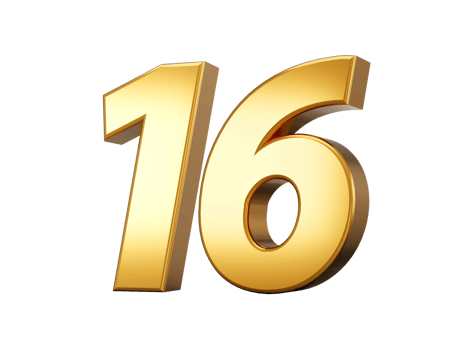 Golden metallic Number 16 Sixteen, 3d illustration png