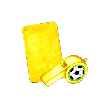 Watercolor illustration of yellow card and whistle for sports design. Sports equipment for judging. American football, basketball and soccer competition symbol. Isolated. Drawn by hand. png