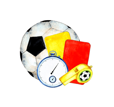 Watercolor illustrations of soccer ball, whistle, referee cards and stopwatch. Sports paraphernalia of the judge. Competitions for the world championship in sports. Isolated. hand-drawn. png