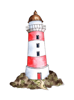 Watercolor illustration of a lighthouse with red and white stripes stands on the rocks. Guide for sailors, assistance in sailing. Isolated. Drawn by hand. png