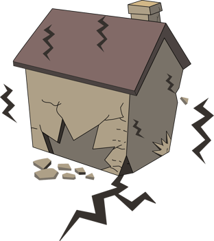 Earthquake. Damaged house in ground. Destruction with cracks and damages on buildings. png
