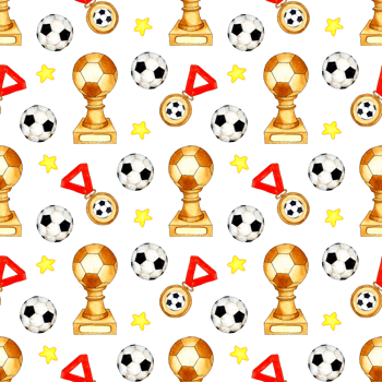 Watercolor illustration pattern of soccer ball, cups, medals and stars. Seamless sports repeating print suitable for wallpapers, covers, wrappers, packaging, fabrics. Isolated png