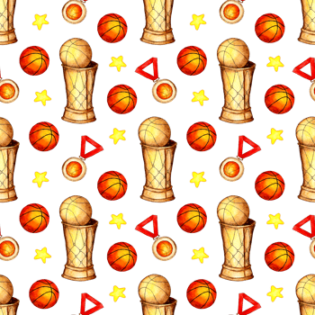 Watercolor illustration pattern of basketball ball, cup, medal and stars. Seamless sports repeating print suitable for wallpapers, covers, wrappers, packaging, fabrics. Isolated. Hand-drawn. png