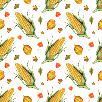 Watercolor seamless pattern of corn and leaves. Hand painted food isolated. Autumn harvest festival. Botanical illustration for design, print or background. png
