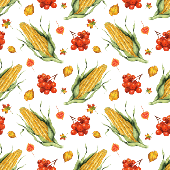 Watercolor seamless pattern of corn, leaves and rowan. Hand painted food isolated . Autumn harvest festival. Botanical illustration for design, print or background. png