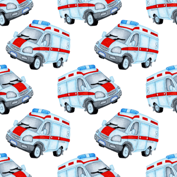 Ambulance watercolor painting. Seamless texture, wallpaper, background, fabric print. Medical vehicle. Emergency. Emergency medicine concept. Isolated. Drawn by hand. png