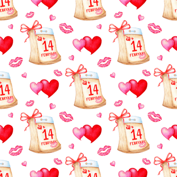 Watercolor painting pattern calendar with bow, hearts and kisses. Seamless repeating Valentine's Day print. Isolated. Drawn by hand. png