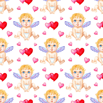 Watercolor painting pattern angel and hearts. Seamless repeating print for Valentine's Day, Wedding, Birthday. Wrapping paper, print, decor. Isolated. Drawn by hand. png