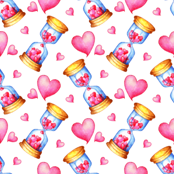 Watercolor painting pattern hourglass and hearts. Seamless repeating print for Valentine's Day, Wedding. Suitable for invitations, cards, fabrics, interior design, packaging, paper phone cases. png