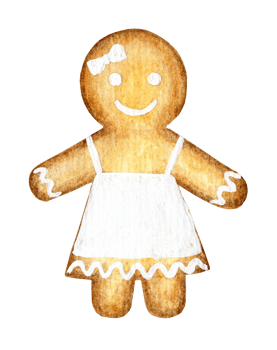 Watercolor Christmas funny decorations, baked sweet candy, girl with frosting. Cute gingerbread girl in a sundress isolated. Drawn by hand. png